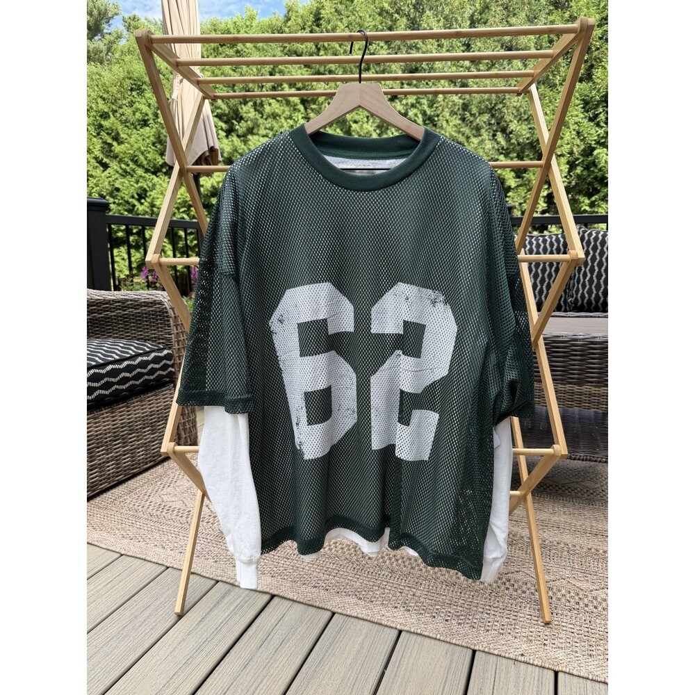 Pacsun - White Long-sleeve lined, Green Football Jersey - Mens Large